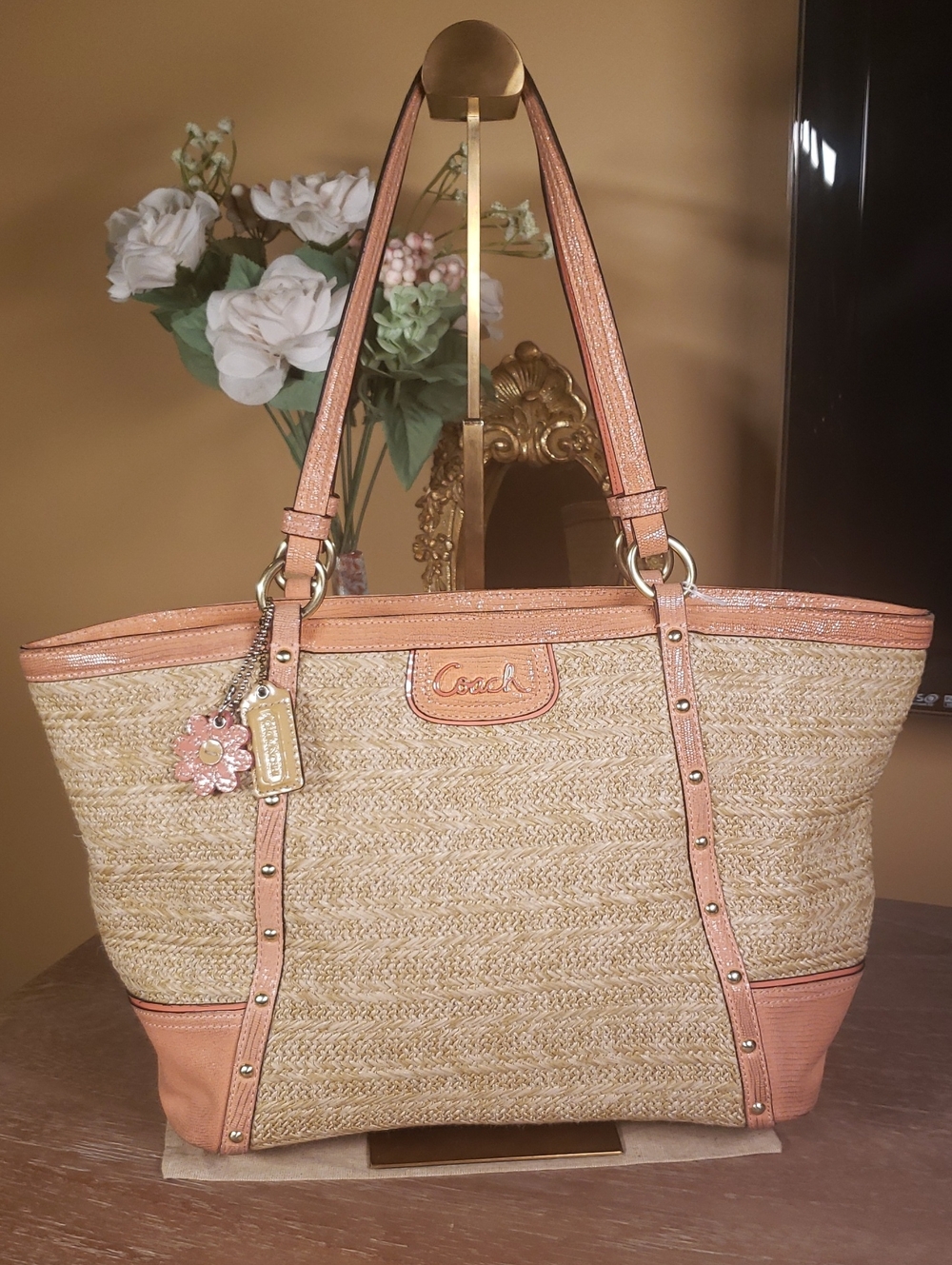 Coach Alexandra Straw Studded Tote Coral Leather w/ Flower Charm (Retail $398) - Picture 15 of 15